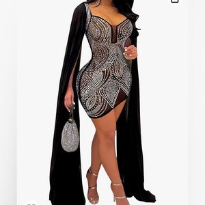 Black see through mesh dress with rhinestone design, long sleeves, small